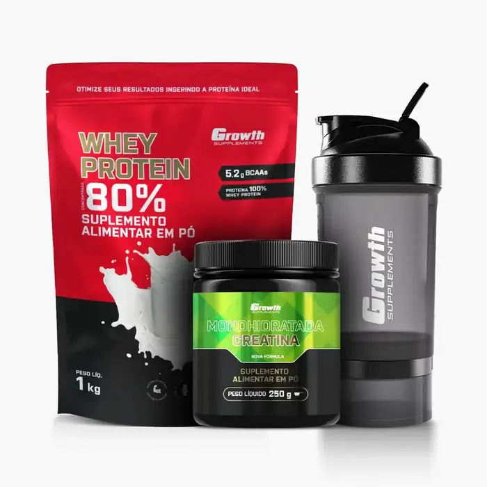 Kit Whey Protein Concentrado 1kg, Creatina Monohidratada 250g, Coqueteleira 3 compartimentos
